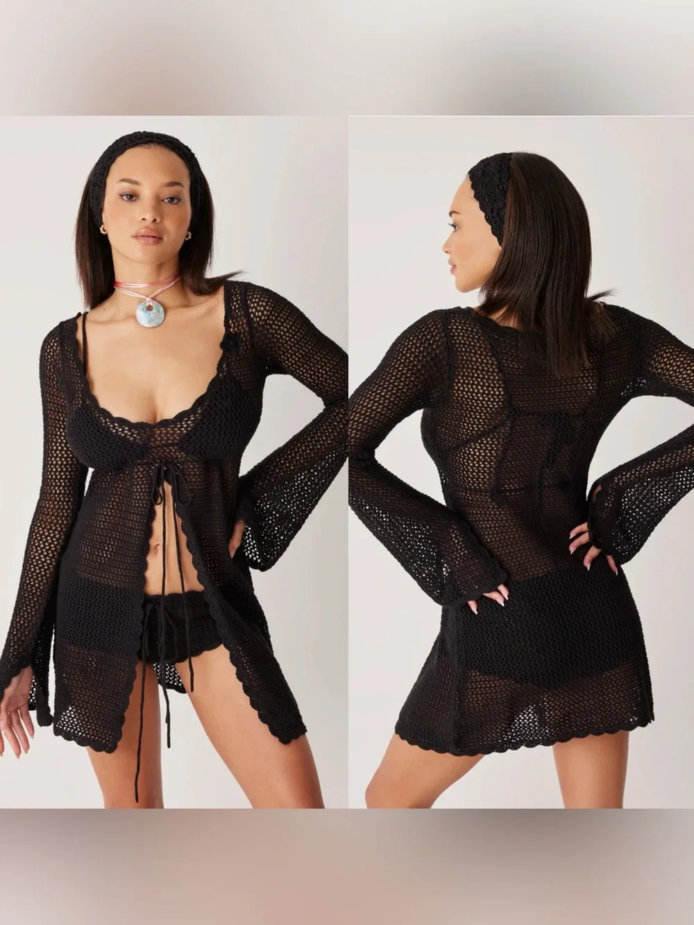 Frankies Bikinis Collette Crochet Tunic Black Cover Up